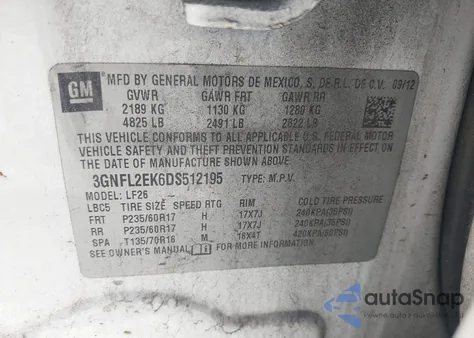 2013 Chevrolet Captiva Sport 2Ls from USA, damaged, VIN 3GNFL2EK6DS512195